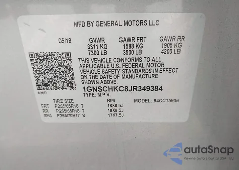 2018 Chevrolet Suburban Lt z USA, uszkodzony, nr VIN 1GNSCHKC8JR349384